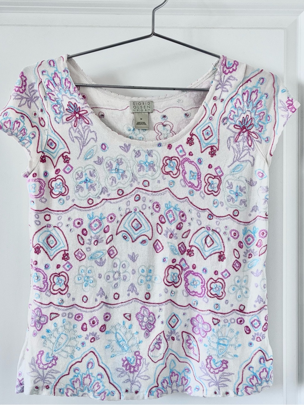Sigrid Olsen Sport Silk Cotton Embroidered Sweater Top Medium Boho Y2K Beaded
